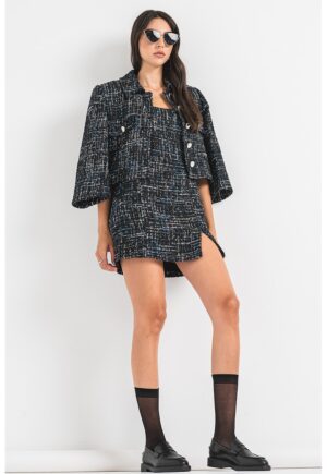 Rochie mini din tuid - Negru/Alb optic/Albastru