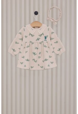 Rochie din amestec de bumbac si imprimeu cu inimi - Verde pal/Crem