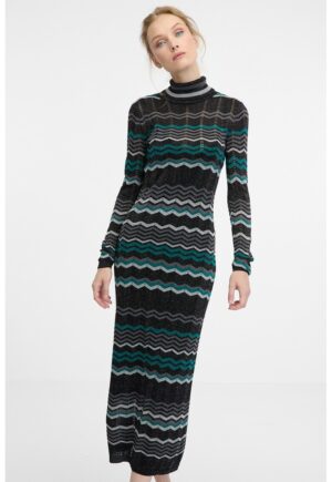 Rochie midi cu dungi si guler scurt - Negru/Gri deschis/Verde aquamarin