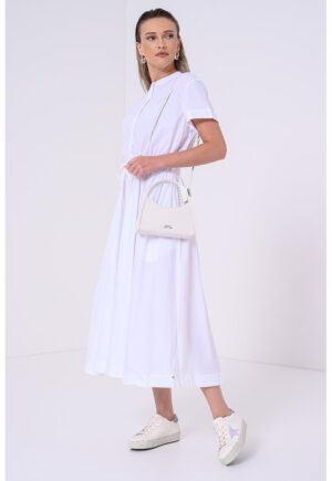 Rochie din amestec de bumbac organic cu snur in talie - Alb/Alb murdar