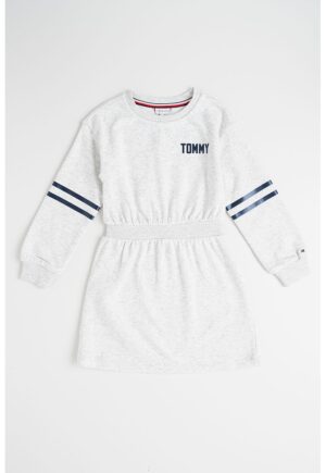 Rochie cu maneci lungi - talie elastica si imprimeu logo - Gri melange/Bleumarin