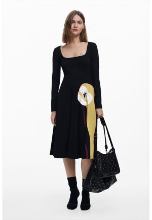 Rochie midi din amestec de bumbac cu decolteu patrat - Negru/Maro nisip