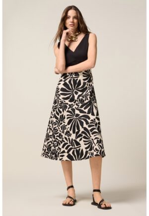 Rochie cu model floral si decolteu in V - Negru/Crem