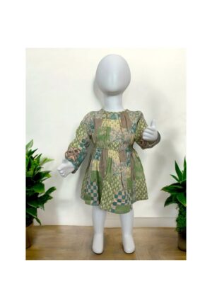 Rochie cu maneca lunga si elastic in talie -  - Botanic Garden - Bej & Verde - pentru fetite - Bej