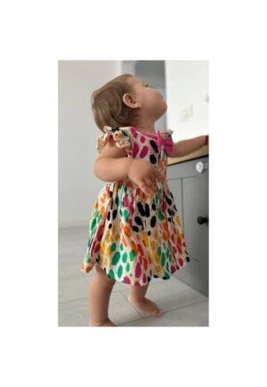 Rochie cu fundita roz si volane la maneci  - Hope - Bej cu buline colorate - pentru fetite - Bej