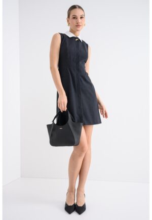 Rochie mini cu dungi discrete si guler de blana sintetica Kaledoni - Alb murdar/Bleumarin