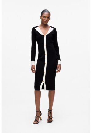 Rochie midi tricotata cu nasturi - Alb/Negru