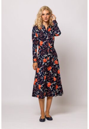 Rochie cu imprimeu si cordon in talie - Alb/Coral/Bleumarin