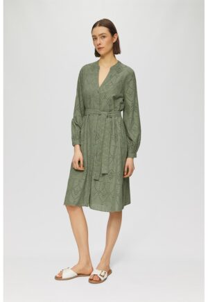 Rochie midi cu model uni si cordon in talie - Verde sparanghel