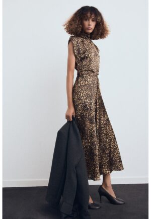 Rochie de satin cu animal print - Negru/Maro nisip/Maro camel