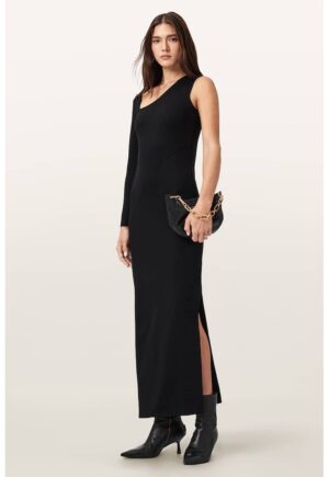 Rochie dreapta cu decolteu asimetric si slit lateral - Negru
