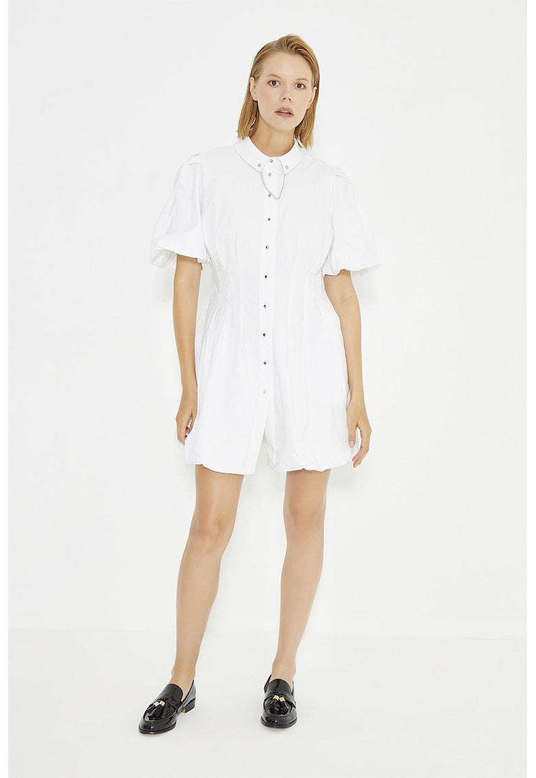 Rochie-camasa cu buzunare laterale si lant decorativ - Alb optic