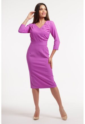 Rochie midi cu decolteu in V si slit pe spate - Roz fandango