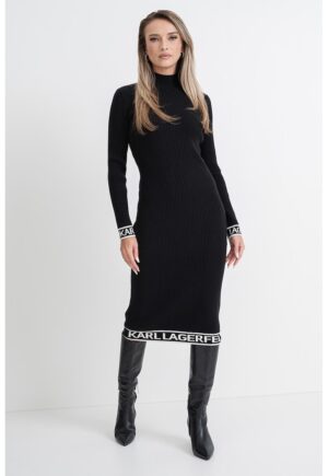 Rochie midi striata cu banda logo - Negru