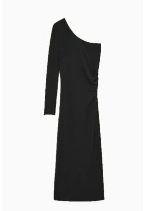 Rochie midi neagra - cu croiala pe un umar - maneca lunga si drapaj lateral subtil - Negru