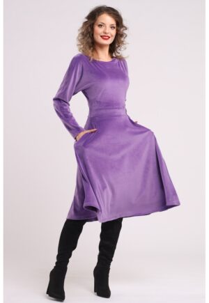 Rochie midi cu aspect de catifea - croiala evazata si buzunare laterale - Lila