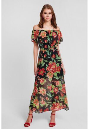 Rochie lunga cu terminatie semitransparenta si decolteu pe umeri - Rosu/Verde/Negru