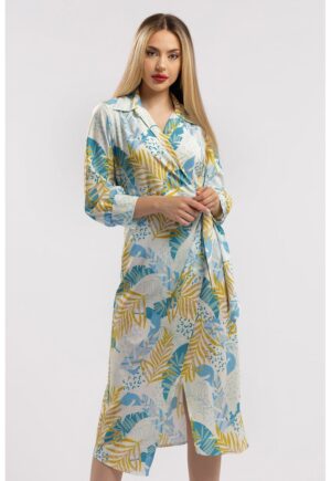 Rochie midi cu croiala petrecuta si slit frontal - Albastru deschis/Galben mustar