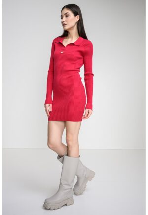 Rochie-pulover striata si tricotata - Roz inchis