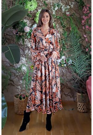 Rochie midi din amestec de matase Cremona - Portocaliu/Bleumarin