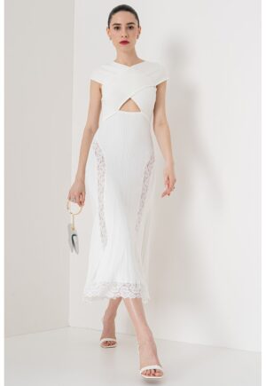 Rochie striata cu garnituri din dantela - Alb murdar