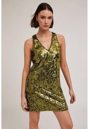 Rochie cu decolteu in V si paiete - Verde masliniu