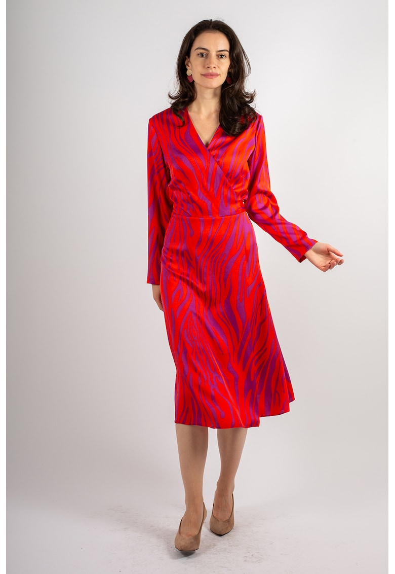 Rochie midi cu decolteu in V si model Naomi - Rosu/Roz fandango