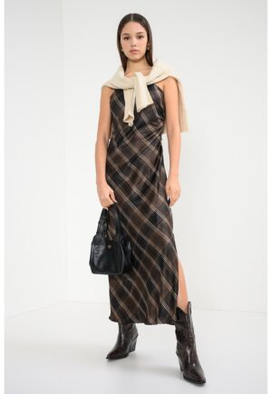 Rochie cu croiala in A fara maneci - Maro inchis/Negru