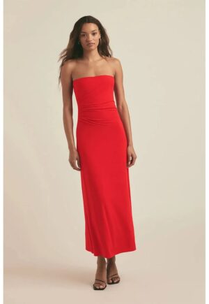 Rochie midi fara umeri cu drapaje - Rosu