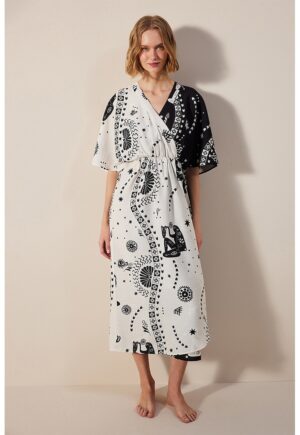 Rochie midi cu model si maneci medii - Alb/Negru