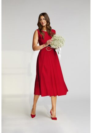 Rochie midi cu croiala in A si curea Vienna - Rosu inchis