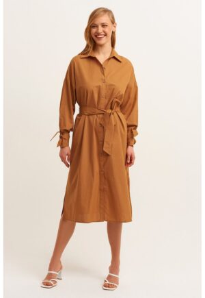 Rochie-camasa midi de bumbac - Caramel