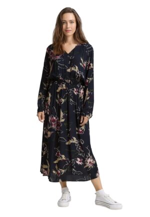 Rochie maxi cu croiala in A si model floral - Roz/Bleumarin