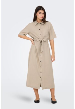 Rochie-camasa midi din amestec de in cu cordon in talie - Bej deschis