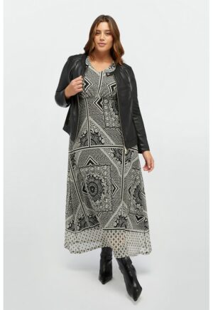 Rochie maxi evazata cu decolteu in V - Negru/Alb murdar