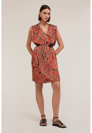 Rochie scurta cu decolteu in V - Maro/Rosu vermillion