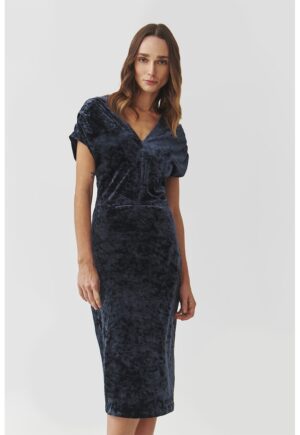 Rochie din catifea cu decolteu in V - Bleumarin