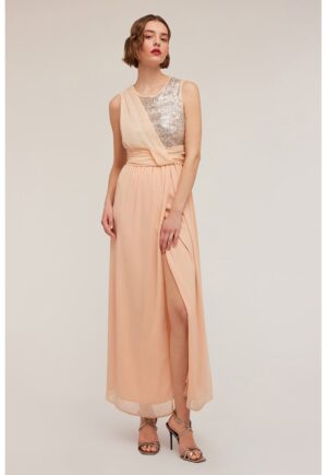 Rochie maxi dreapta cu paiete - Auriu/Portocaliu pal