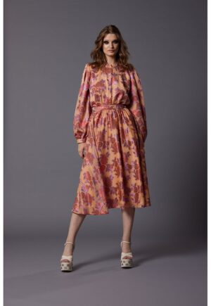 Rochie din amestec de matase cu maneci bufante Citrus - Piersica/Lila/Roz prafuit