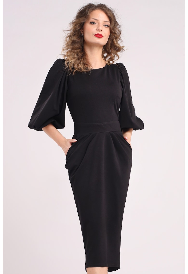 Rochie cu croiala creion si maneci bufante - Negru