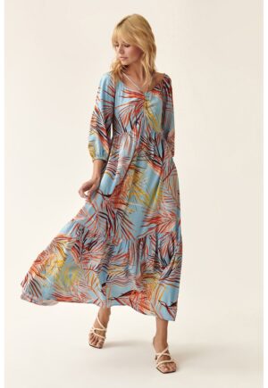 Rochie maxi cu imprimeu tropical - Galben/Portocaliu/Albastru deschis