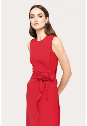 Rochie cu pliuri si floare in talie - Rosu