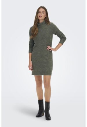 Rochie-pulover tricotata fin cu guler inalt - Verde melange