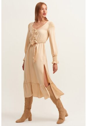 Rochie midi cu slituri laterale - Bej inchis