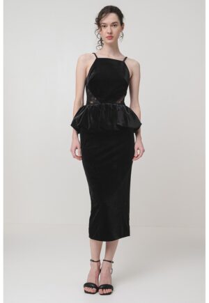 Rochie midi cambrata cu aspect de catifea - Negru