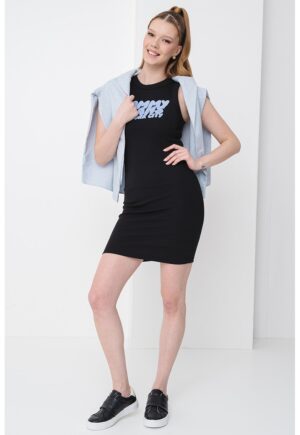 Rochie cambrata cu imprimeu text - Negru