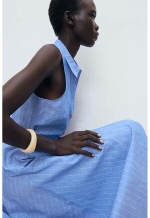 Rochie midi din amestec de in - Alb/Albastru deschis