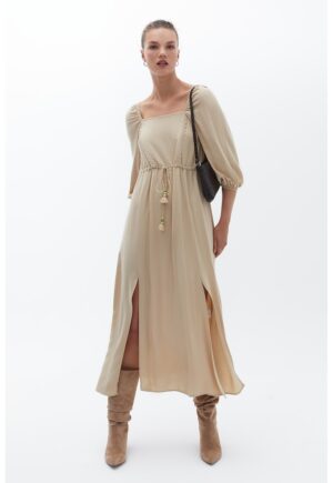 Rochie midi lejera cu decolteu patrat - Kaki