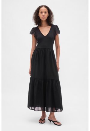 Rochie midi din amestec de modal cu decolteu in V - Negru