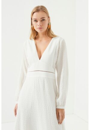 Rochie uni cu maneci lungi - Alb optic